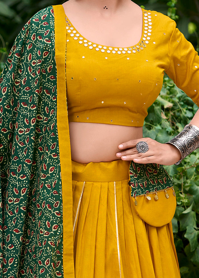 3 Pc Mustard Pure Cotton Semi Stitched Lehenga Set