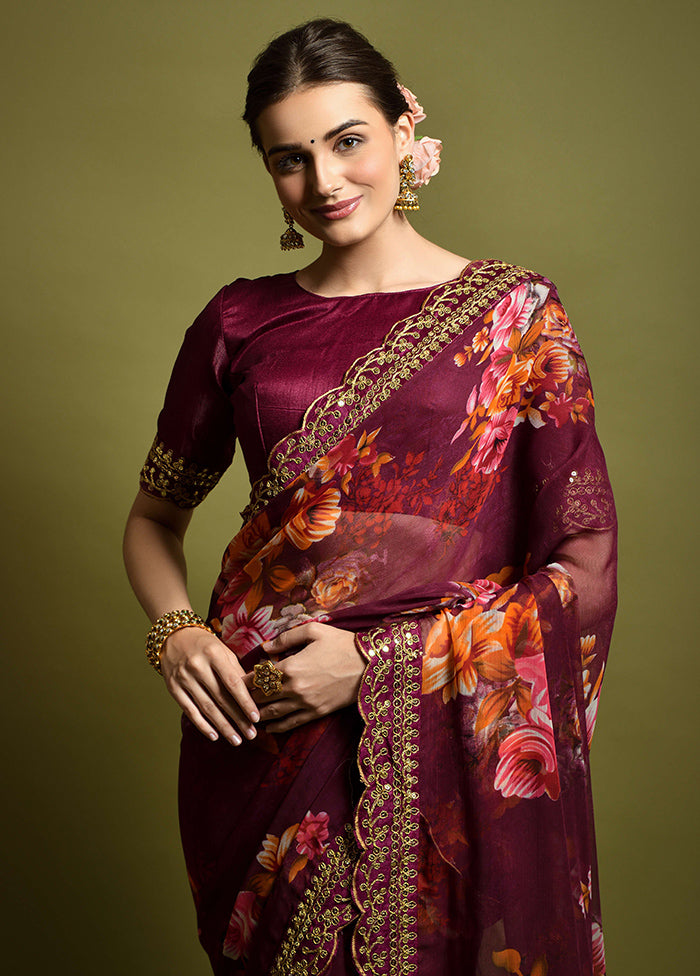 Wine Chiffon Silk Saree With Blouse Piece