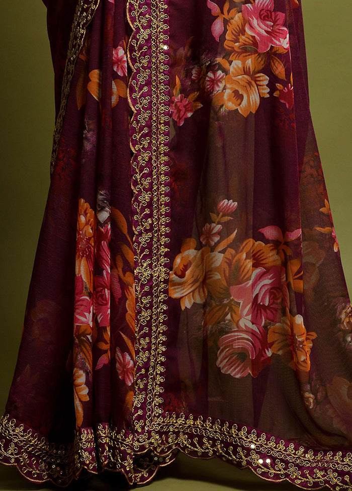 Wine Chiffon Silk Saree With Blouse Piece