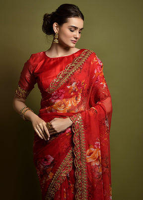 Red Chiffon Silk Saree With Blouse Piece