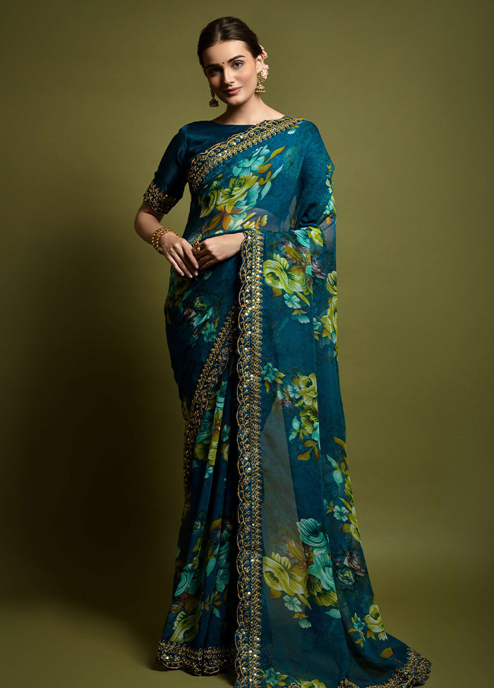 Teal Chiffon Silk Saree With Blouse Piece