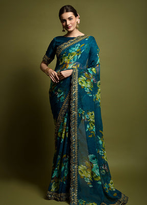 Teal Chiffon Silk Saree With Blouse Piece