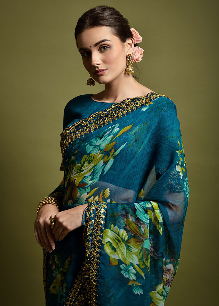 Teal Chiffon Silk Saree With Blouse Piece