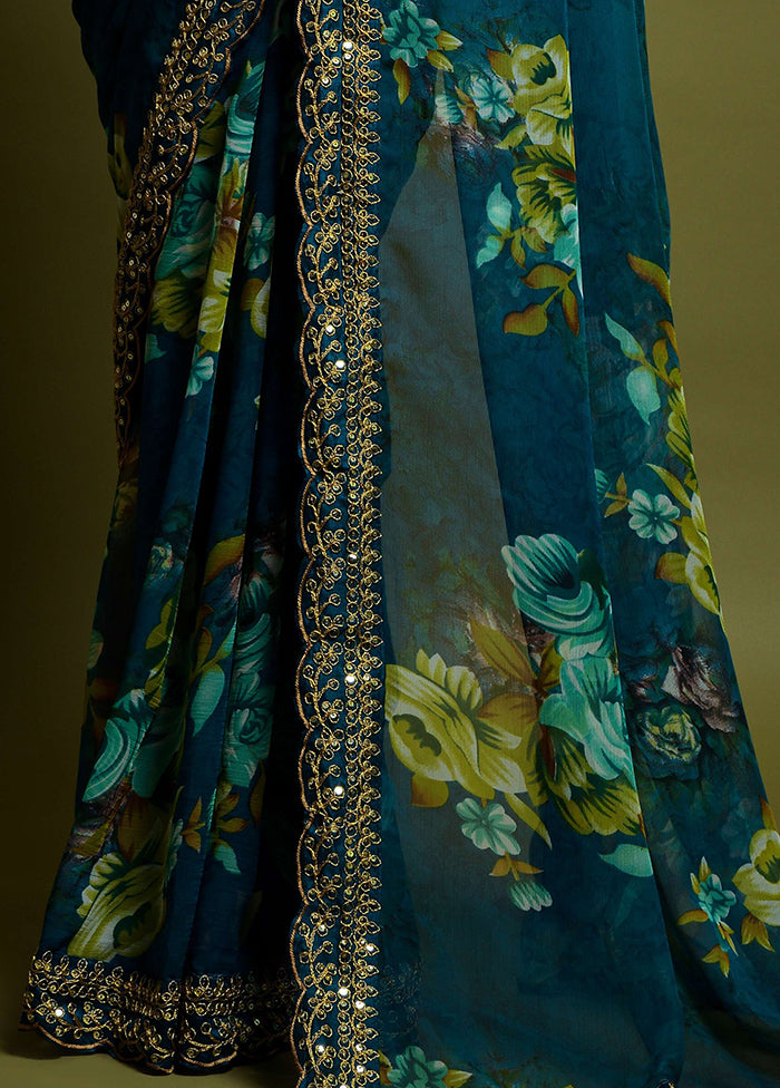 Teal Chiffon Silk Saree With Blouse Piece