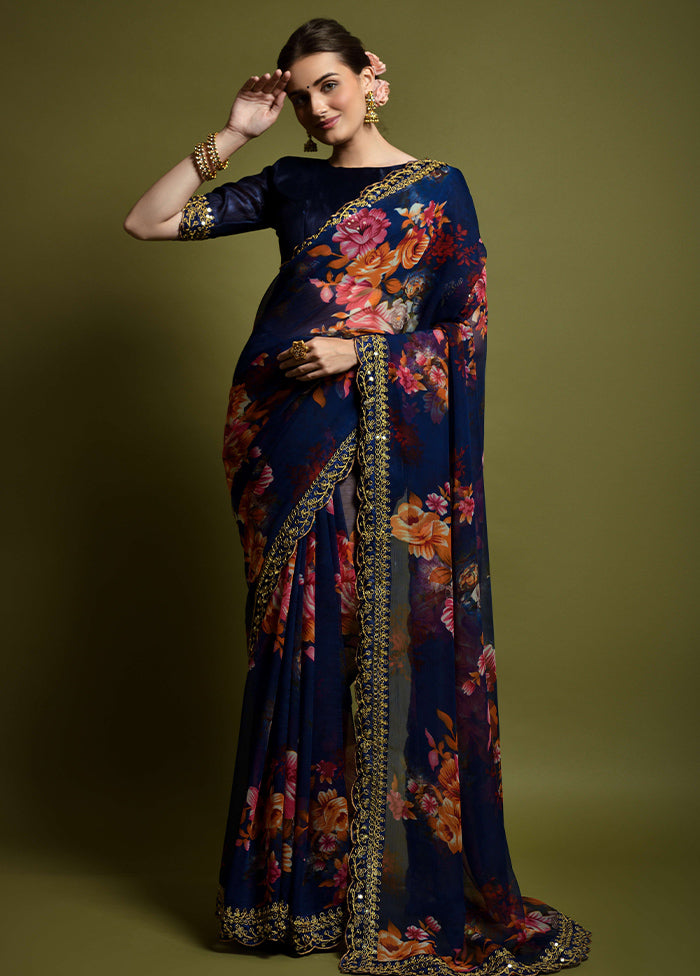 Navy Blue Chiffon Silk Saree With Blouse Piece