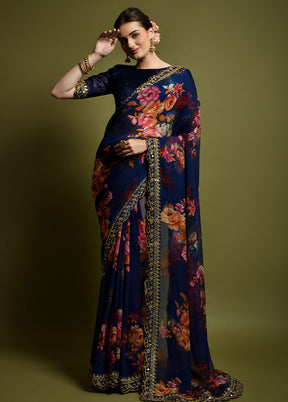 Navy Blue Chiffon Silk Saree With Blouse Piece