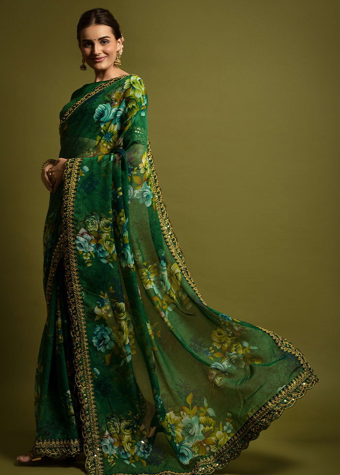 Green Chiffon Silk Saree With Blouse Piece