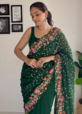 Dark Green Georgette Saree With Blouse Piece