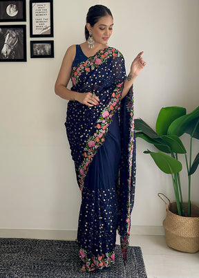 Navy Blue Georgette Saree With Blouse Piece