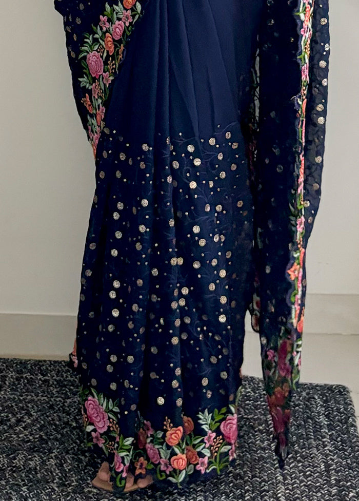 Navy Blue Georgette Saree With Blouse Piece