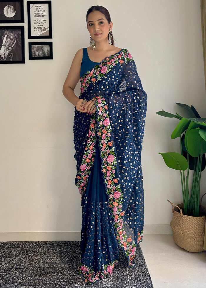 Teal Georgette Saree With Blouse Piece