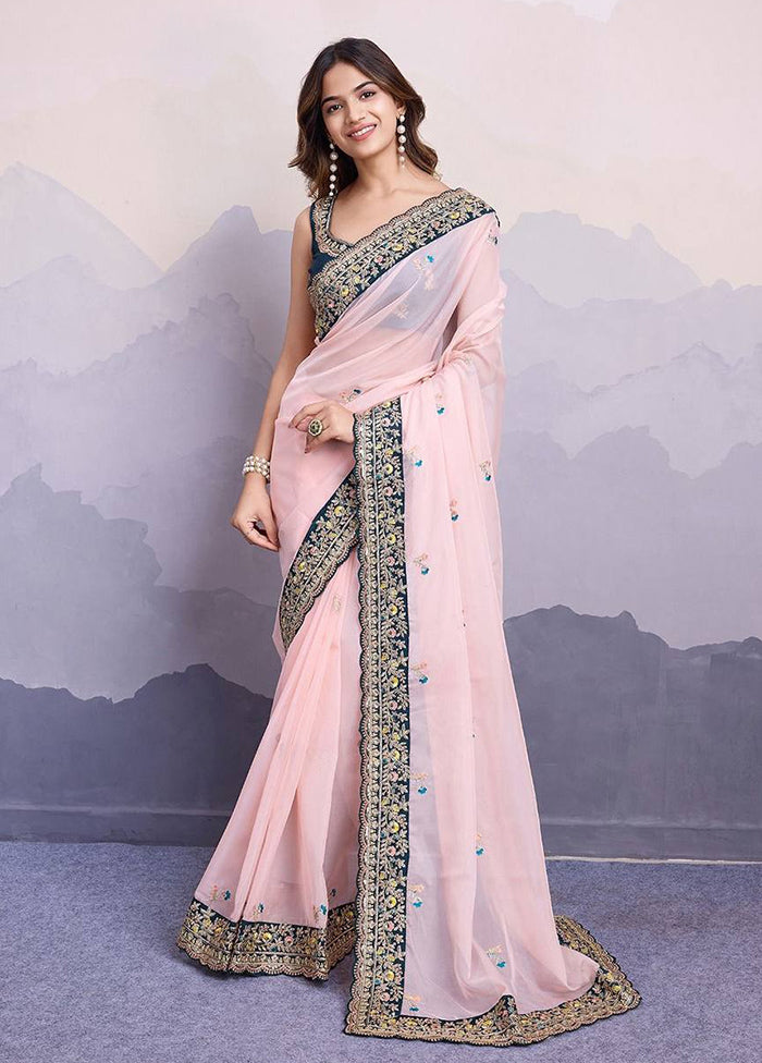 Baby Pink Organza Saree With Blouse Piece