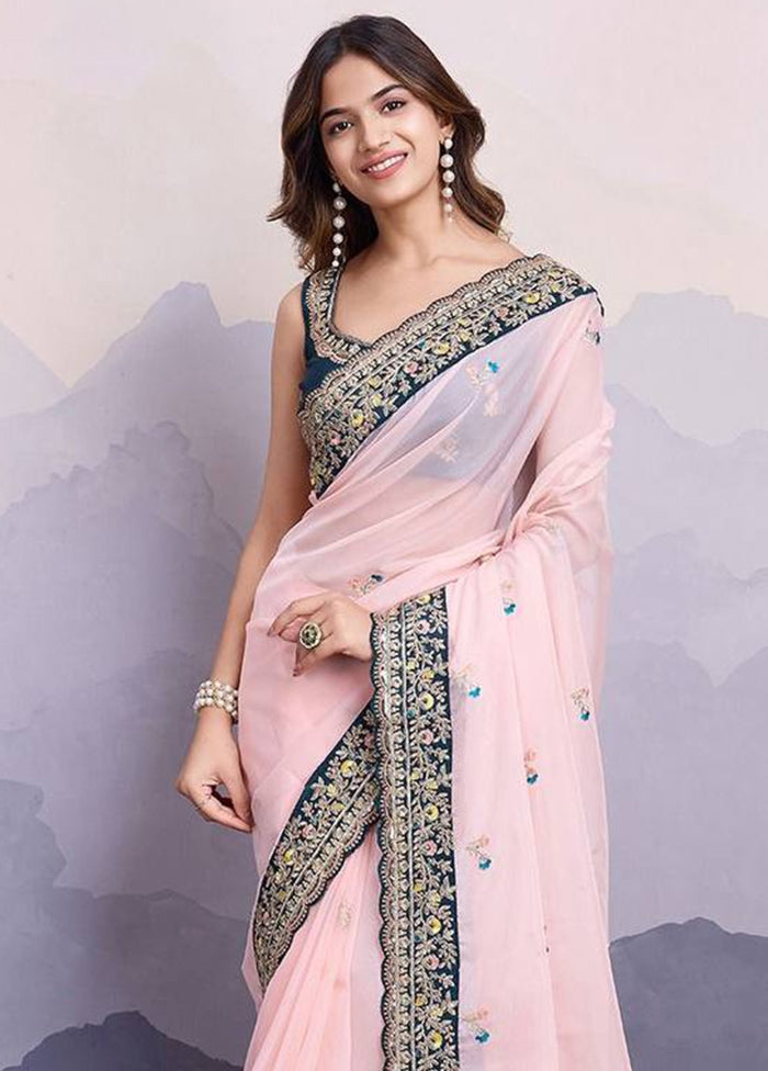 Baby Pink Organza Saree With Blouse Piece