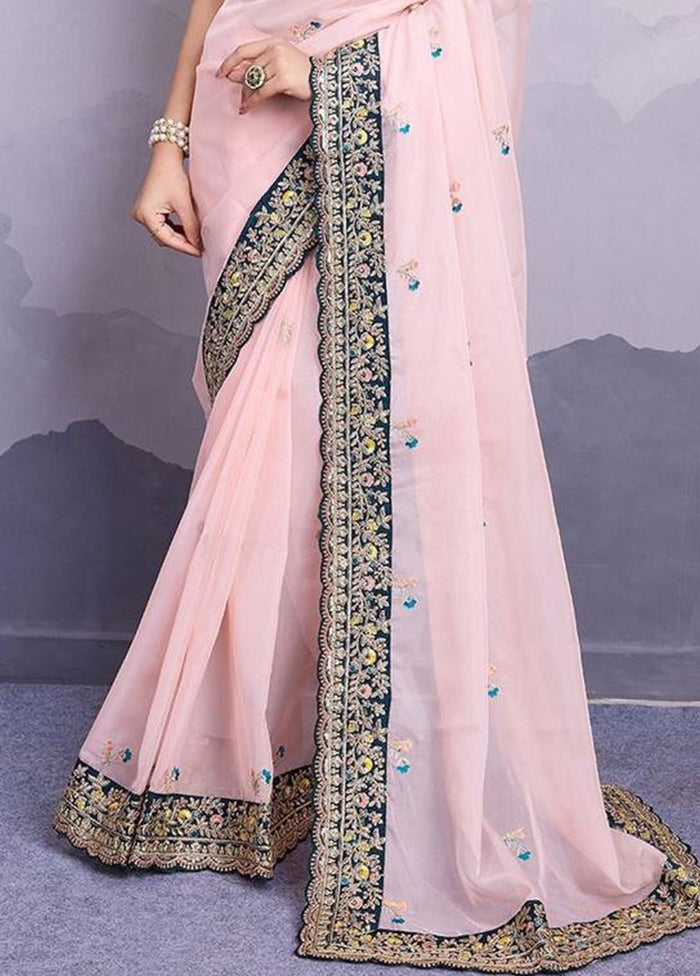 Baby Pink Organza Saree With Blouse Piece