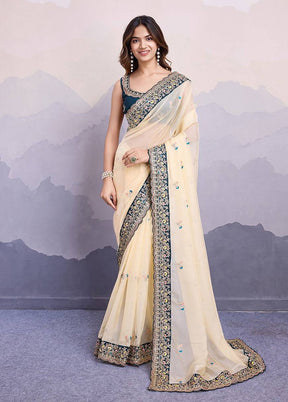 Cream Organza Saree With Blouse Piece