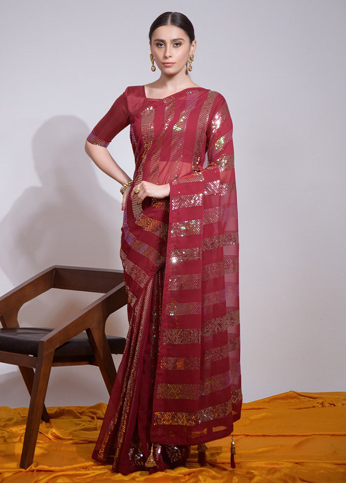 Maroon Georgette Saree With Blouse Piece