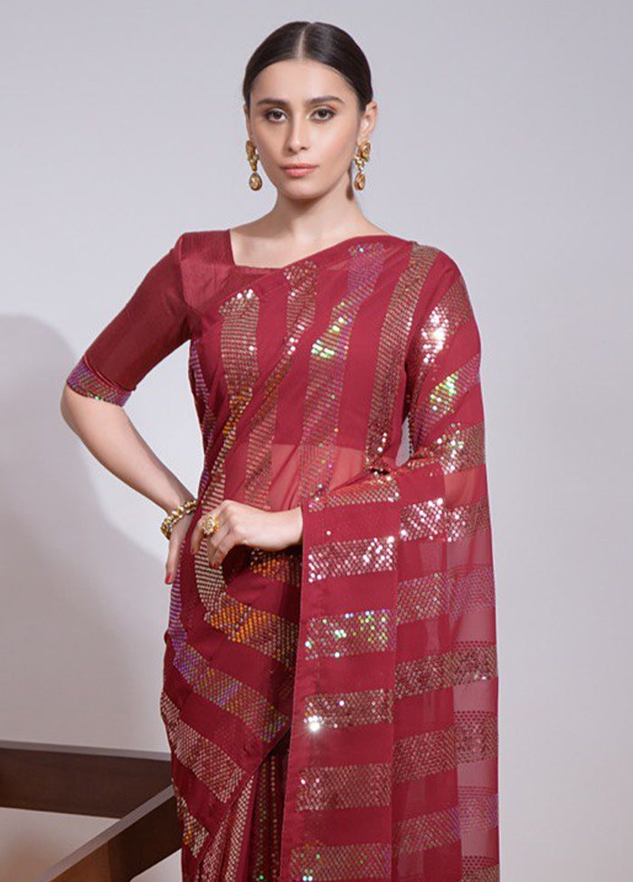 Maroon Georgette Saree With Blouse Piece