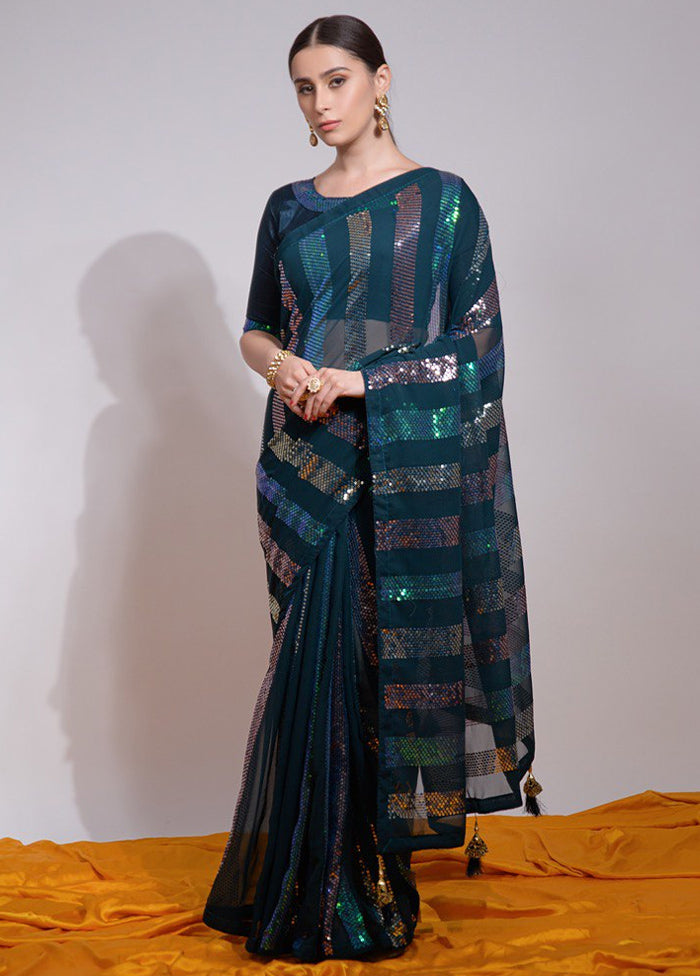 Teal Georgette Saree With Blouse Piece