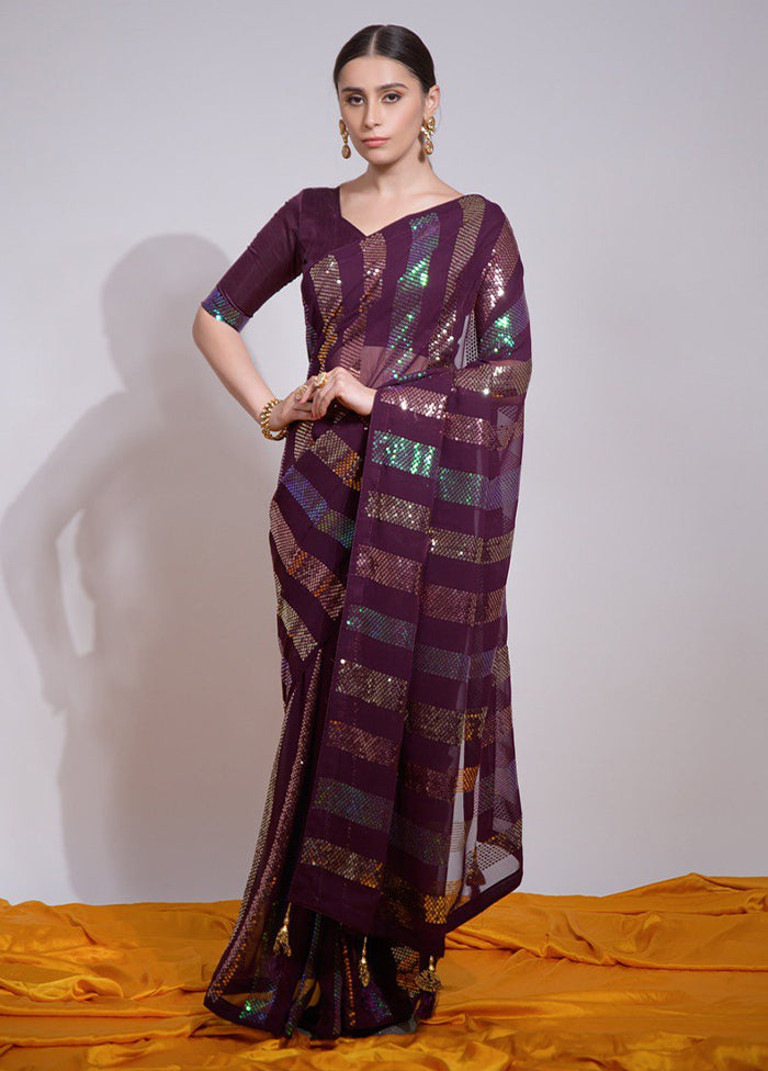 Wine Georgette Saree With Blouse Piece