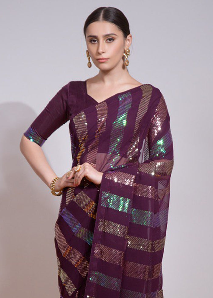 Wine Georgette Saree With Blouse Piece