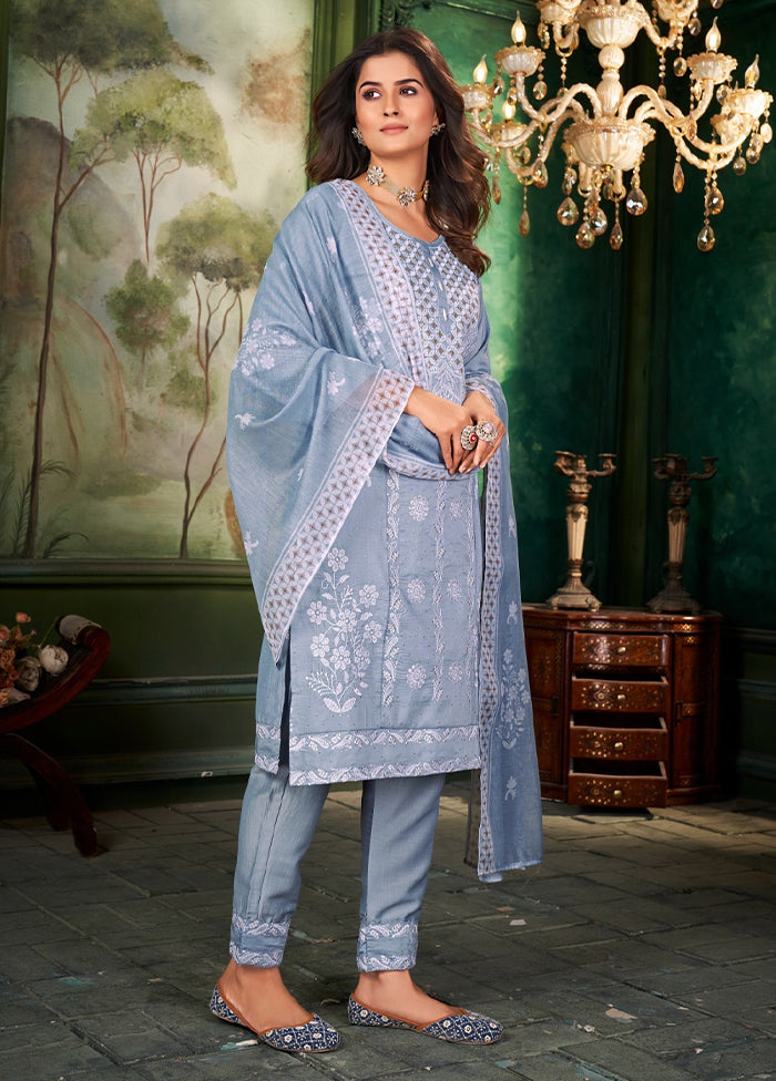 3 Pc Grey Readymade Silk Dupatta Suit Set