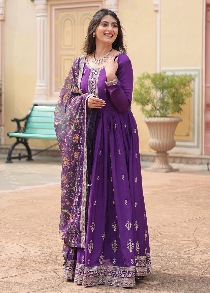 Purple Readymade Silk Dupatta Indian Dress