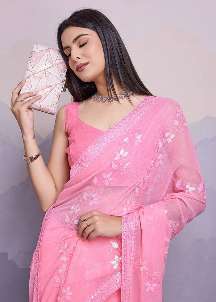 Pink Chiffon Silk Saree With Blouse Piece