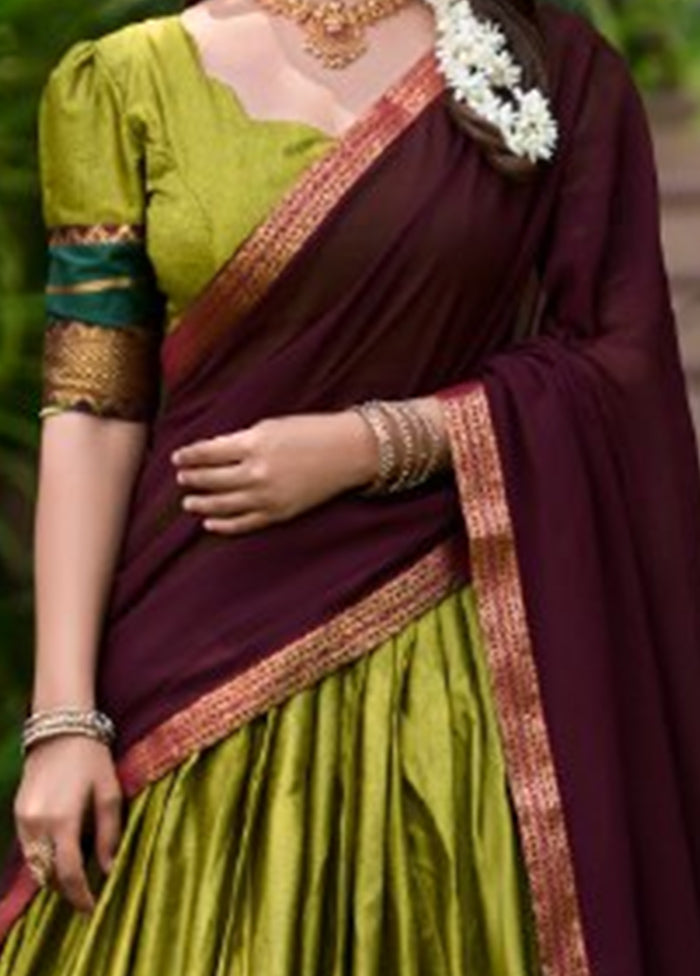 3 Pc Mehendi Green Cotton Semi Stitched Lehenga Set