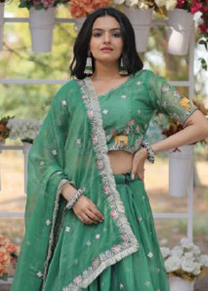 3 Pc Sea Green Silk Semi Stitched Lehenga Set