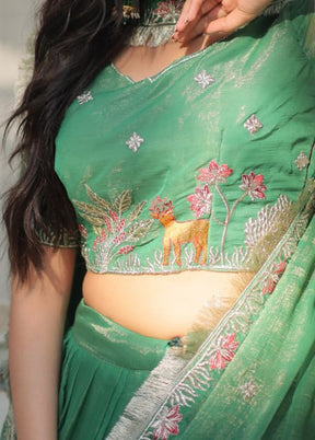 3 Pc Sea Green Silk Semi Stitched Lehenga Set