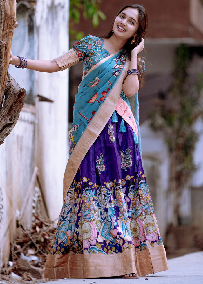 3 Pc Multicolor Silk Semi Stitched Lehenga Set