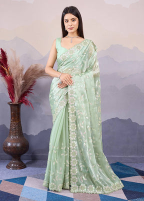 Sea Green Dupion Silk Saree With Blouse Piece