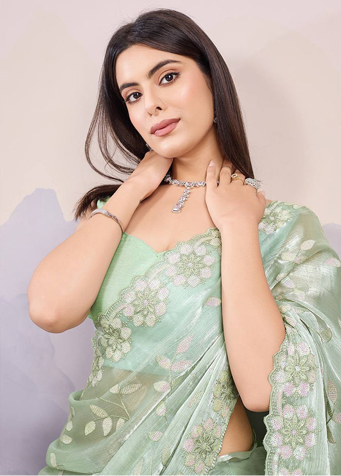 Sea Green Dupion Silk Saree With Blouse Piece