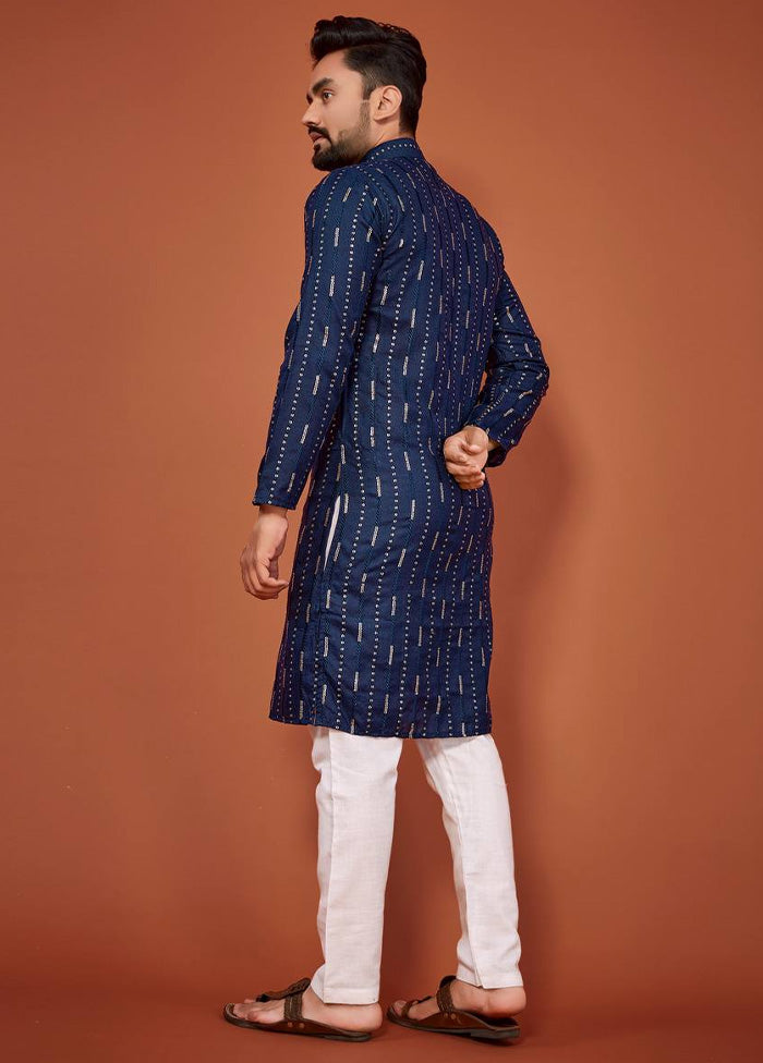 Navy Blue Cotton Kurta And Pajama Set