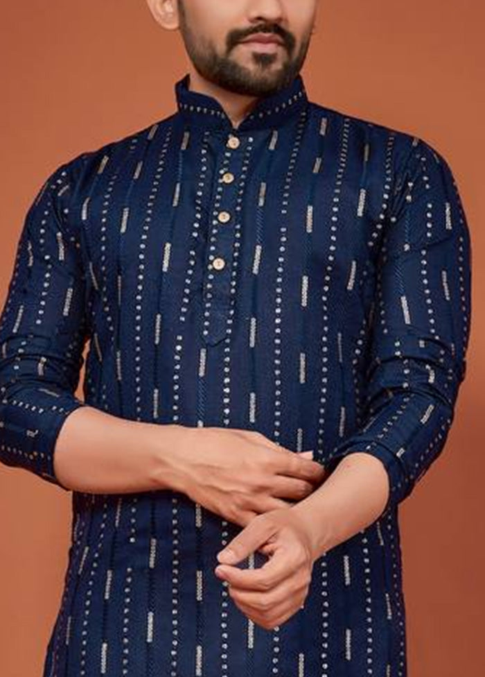 Navy Blue Cotton Kurta And Pajama Set