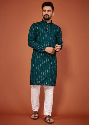 Teal Cotton Kurta And Pajama Set