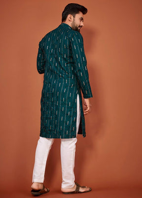 Teal Cotton Kurta And Pajama Set