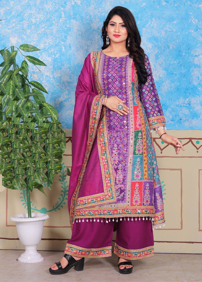 3 Pc Purple Readymade Cotton Dupatta Suit Set