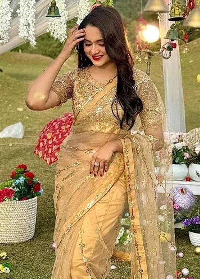 Gold Net Net Saree With Blouse Piece