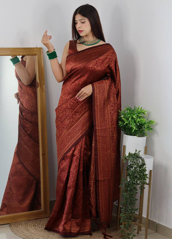 Maroon Banarasi Silk Saree With Blouse Piece