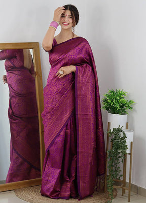 Wine Banarasi Silk Saree With Blouse Piece