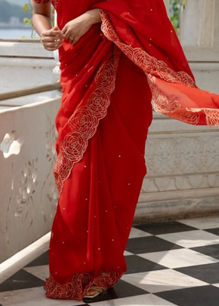 Red Organza Saree With Blouse Piece