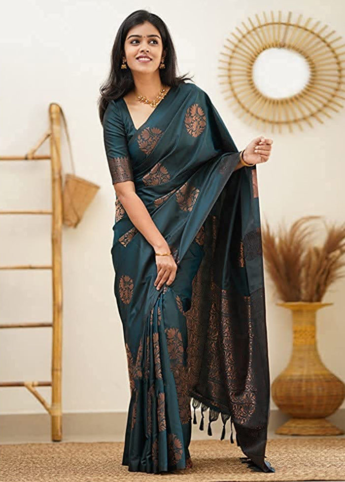 Teal Banarasi Silk Saree With Blouse Piece