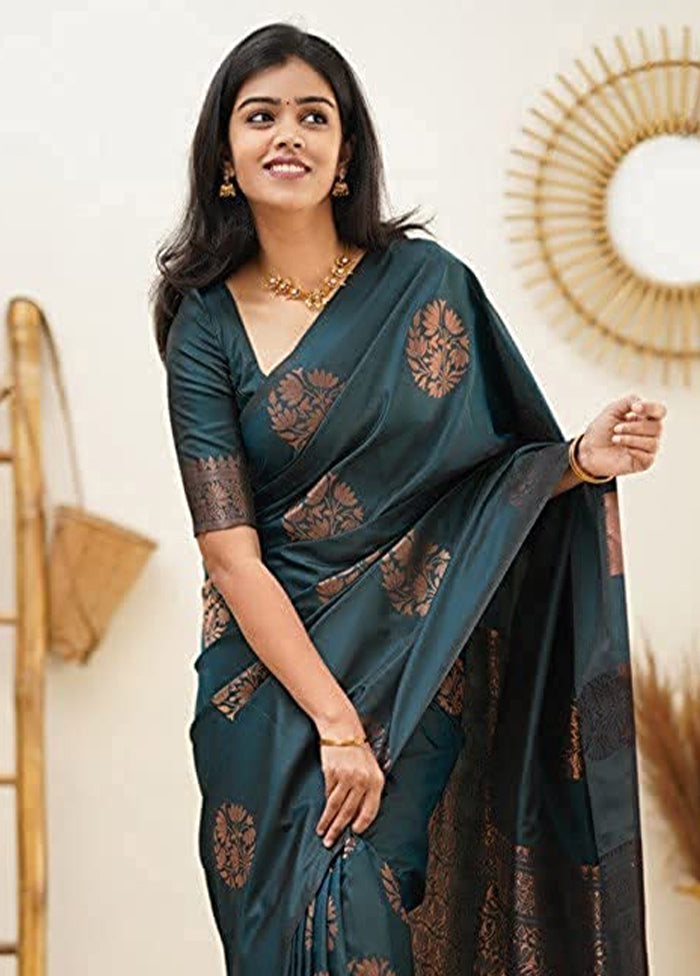 Teal Banarasi Silk Saree With Blouse Piece