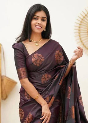 Wine Banarasi Silk Saree With Blouse Piece