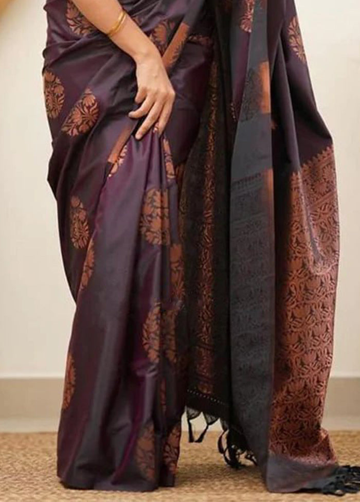 Wine Banarasi Silk Saree With Blouse Piece