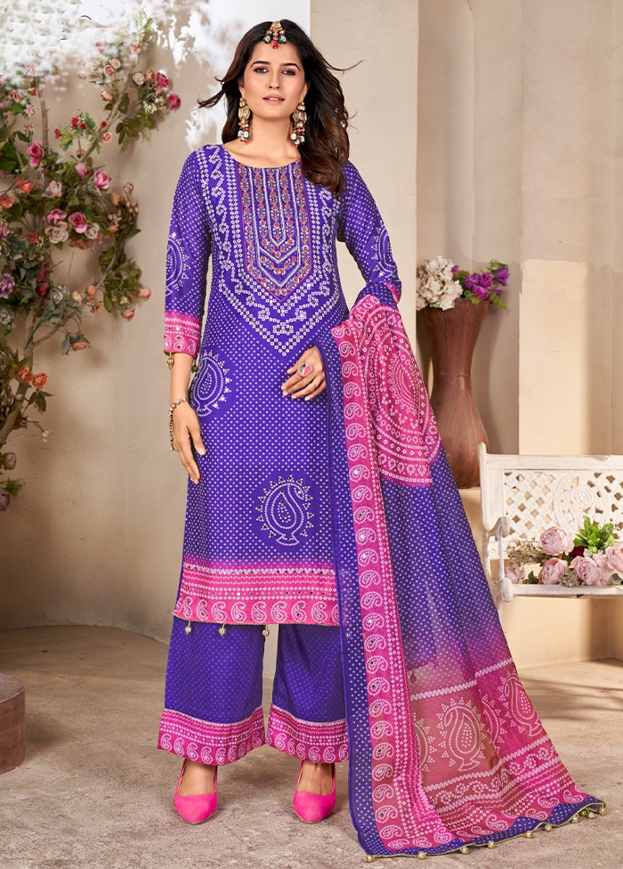 3 Pc Purple Readymade Silk Dupatta Suit Set