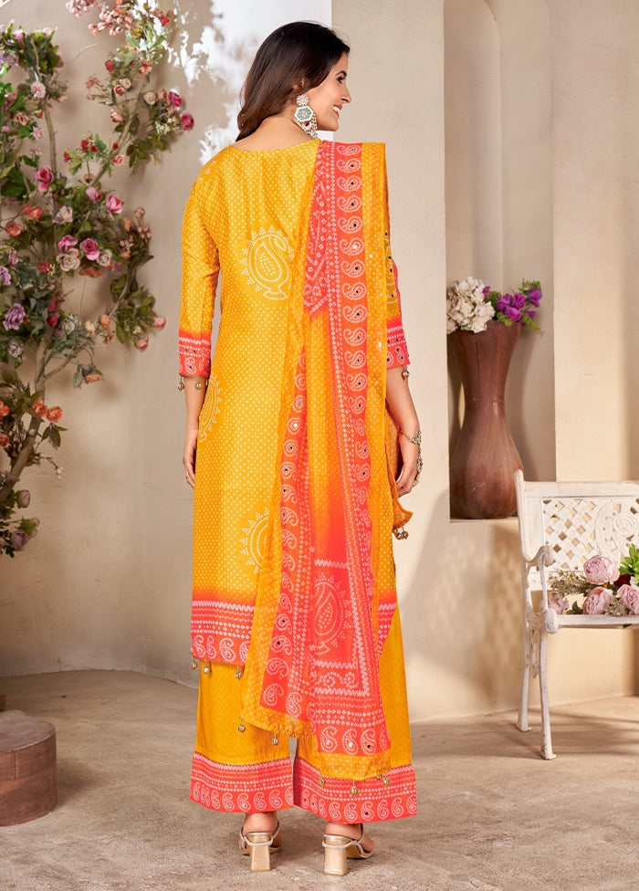 3 Pc Yellow Readymade Silk Dupatta Suit Set