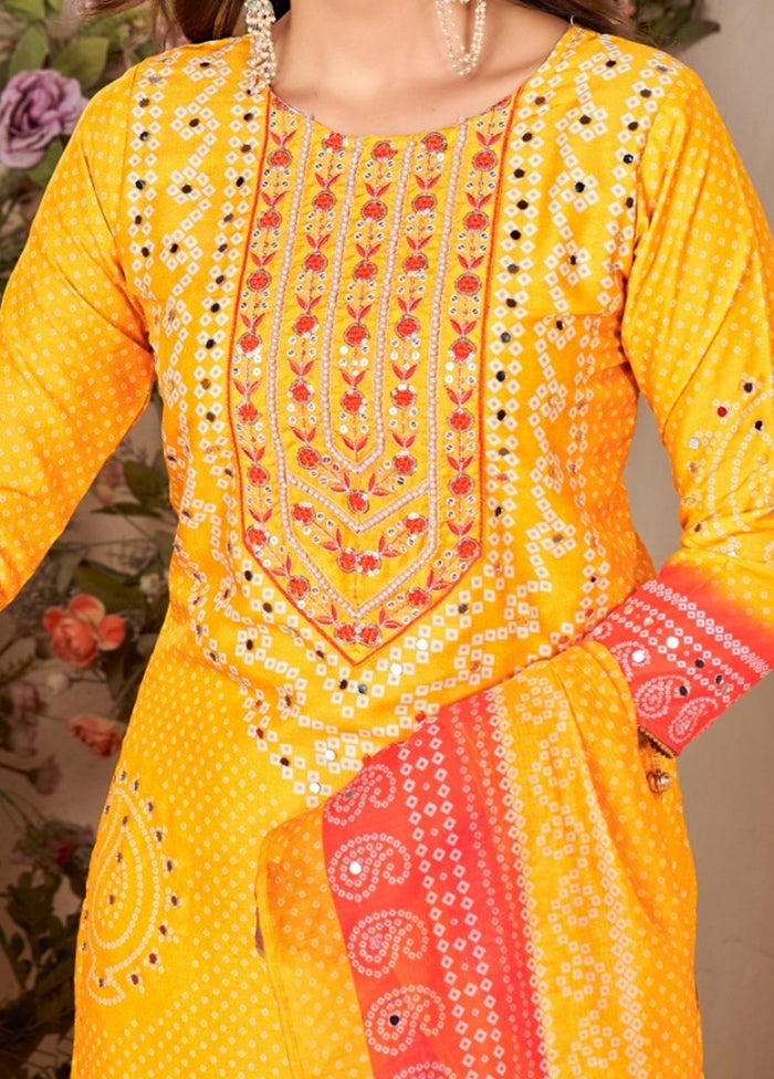 3 Pc Yellow Readymade Silk Dupatta Suit Set