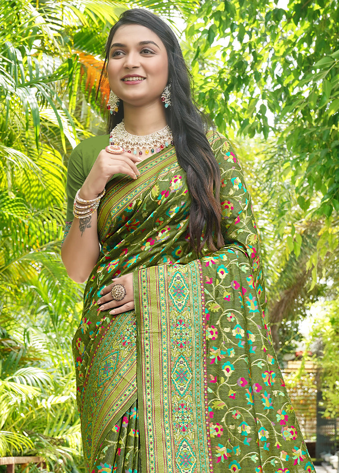 Mehendi Green Pasmina Silk Saree With Blouse Piece